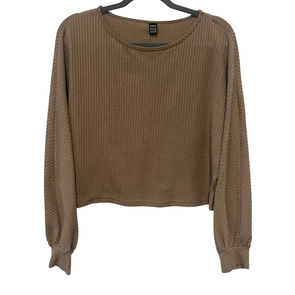Shein Women Brown Ribbed Knit Lantern Sleeve Cropped Top Size L (1184)